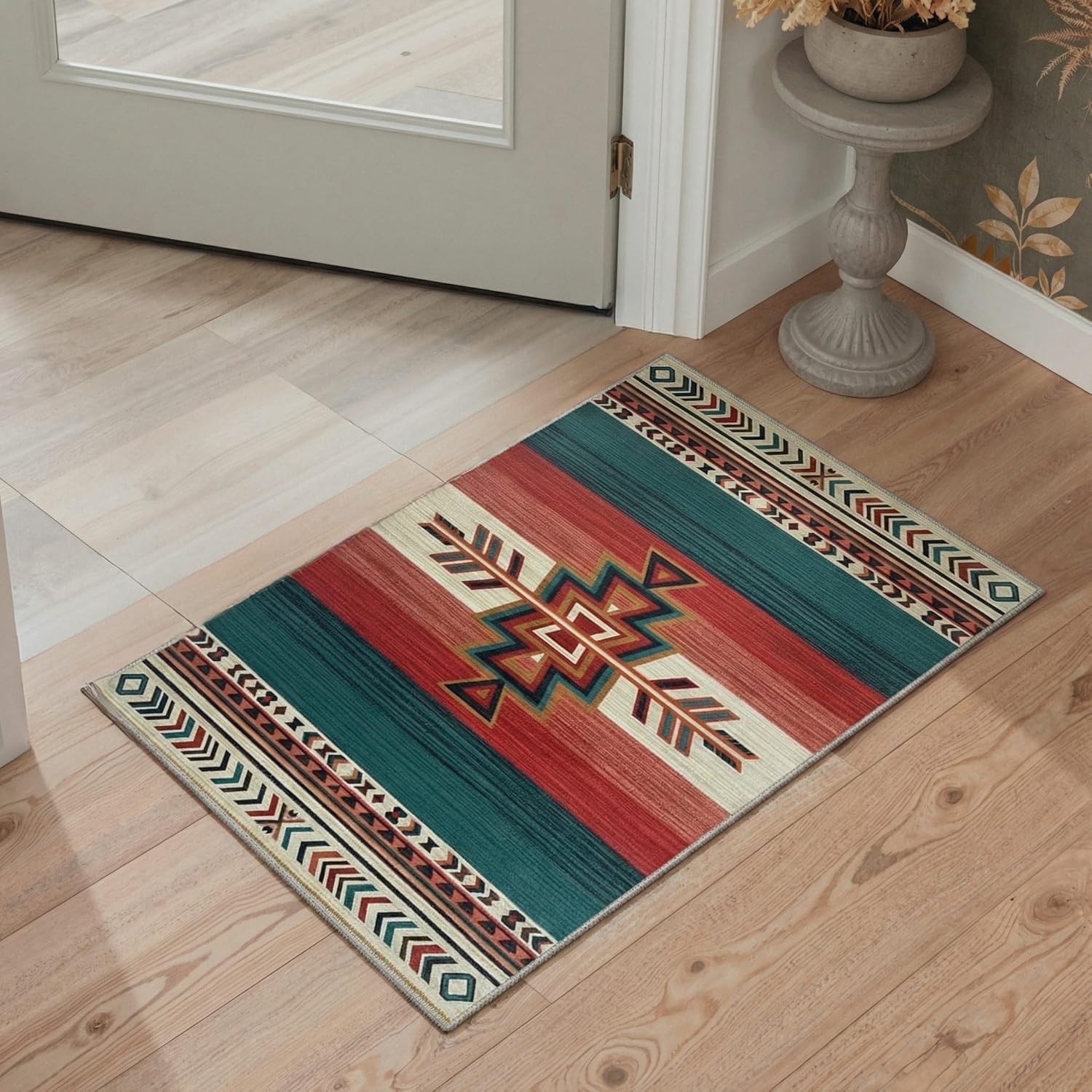 Bavni 2x3 Rug Arrow Bohemian Print Pattern Non Slip Backing Machine Washable Low Pile Light Weight Indoor Outdoor for Entryway Kitchen Entrance Front Door Bathroom Farmhouse Decor, Crimson Teal