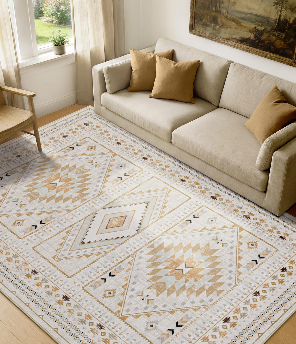Boho Farmhouse Area Rug 5x7, Washable Tribal Rug for Bedroom, Non-Slip Medallion Rugs for Living Room Dining Room, Entryway (Beige/Yellow, 5'x7')