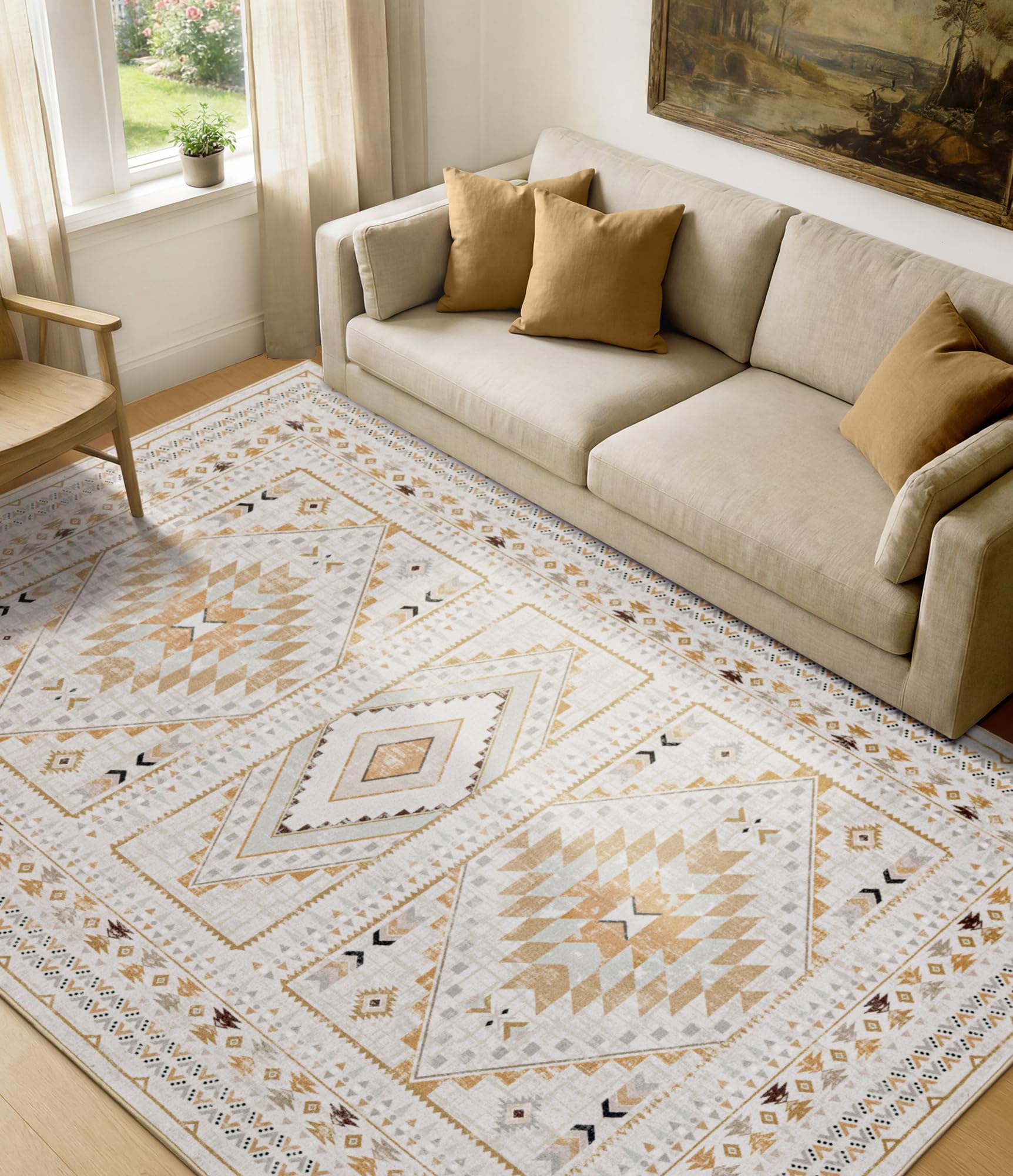 Boho Farmhouse Area Rug 5x7, Washable Tribal Rug for Bedroom, Non-Slip Medallion Rugs for Living Room Dining Room, Entryway (Beige/Yellow, 5'x7')