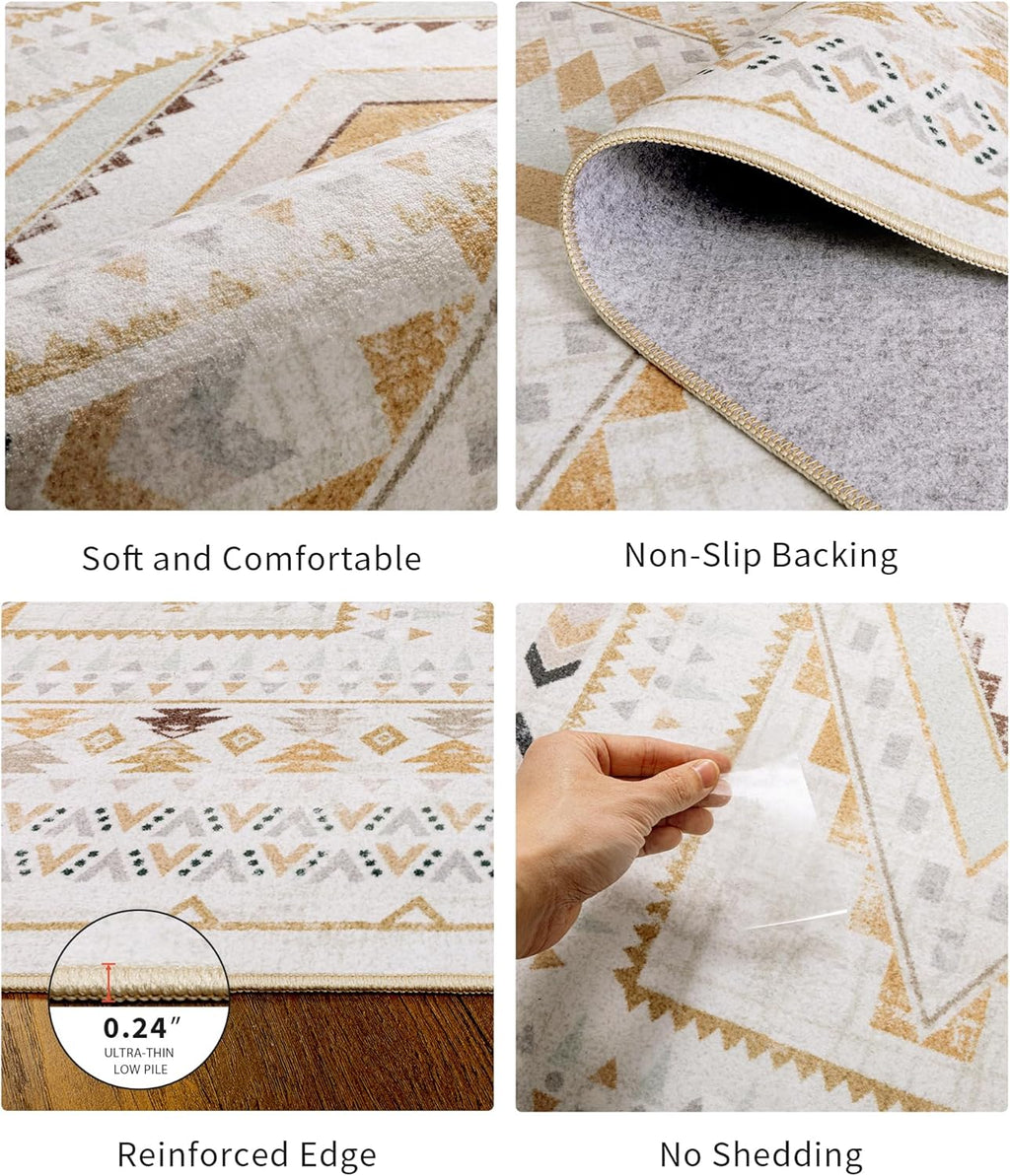 Boho Farmhouse Area Rug 5x7, Washable Tribal Rug for Bedroom, Non-Slip Medallion Rugs for Living Room Dining Room, Entryway (Beige/Yellow, 5'x7')