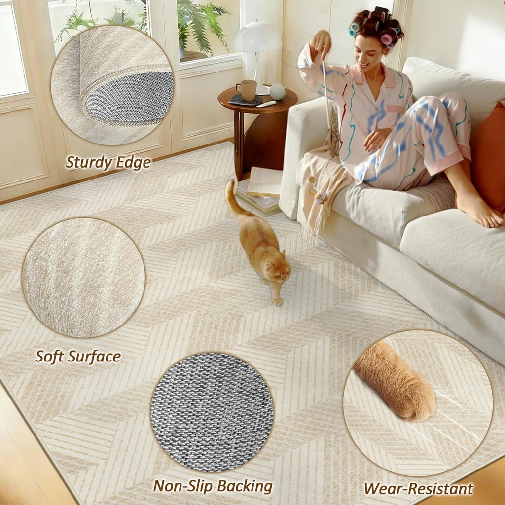 Area Rug 5x7 for Living Room: Washable Modern Geometric Rugs Low Pile Soft Non Slip Carpet for Bedroom Nursery Dining Room Home Office (Beige, 5'x7')