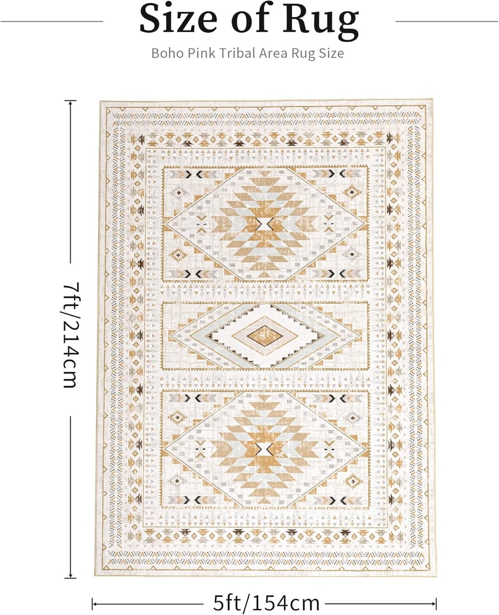 Boho Farmhouse Area Rug 5x7, Washable Tribal Rug for Bedroom, Non-Slip Medallion Rugs for Living Room Dining Room, Entryway (Beige/Yellow, 5'x7')