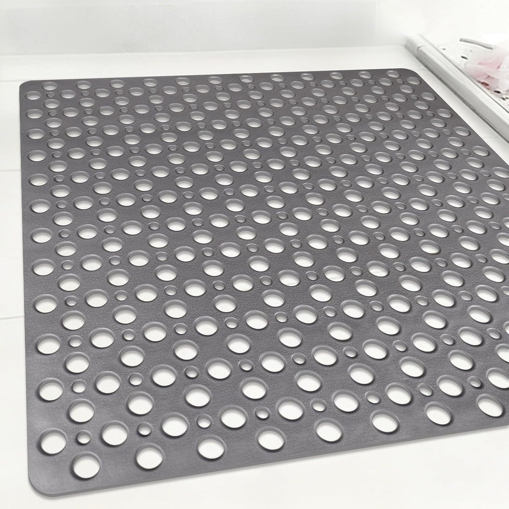 Square Shower Mat Non Slip, 27" x 27" Large Shower Mats for Inside Shower, Soft TPE Shower Floor Mat with Suction Cups and Big Drain Holes, Anti Slip Shower Stall Matt, Grey