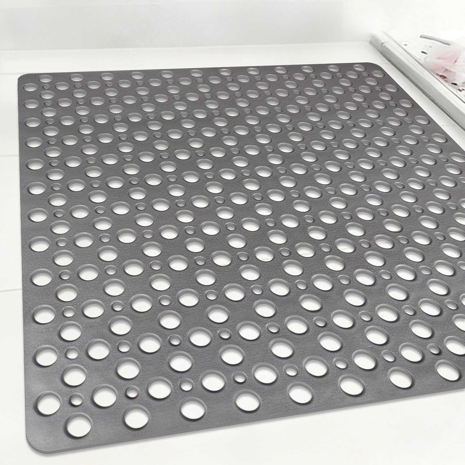 Square Shower Mat Non Slip, 27" x 27" Large Shower Mats for Inside Shower, Soft TPE Shower Floor Mat with Suction Cups and Big Drain Holes, Anti Slip Shower Stall Matt, Grey