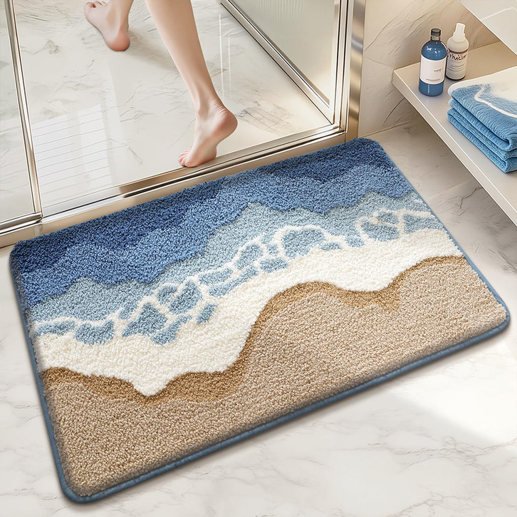 Beach Bathroom Rug Upgraded, 20"x32" Non-Slip Soft Plush Bath Mat, Water Absorbent Shaggy Shower Rug, Machine Washable, Abstract Wave Green Bathroom Decor for Home Decor, Kids Room, Shower (Stream)