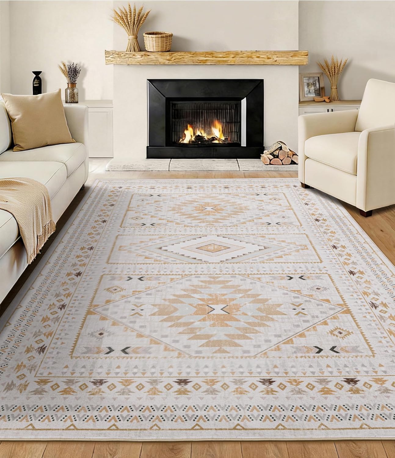 Boho Farmhouse Area Rug 5x7, Washable Tribal Rug for Bedroom, Non-Slip Medallion Rugs for Living Room Dining Room, Entryway (Beige/Yellow, 5'x7')