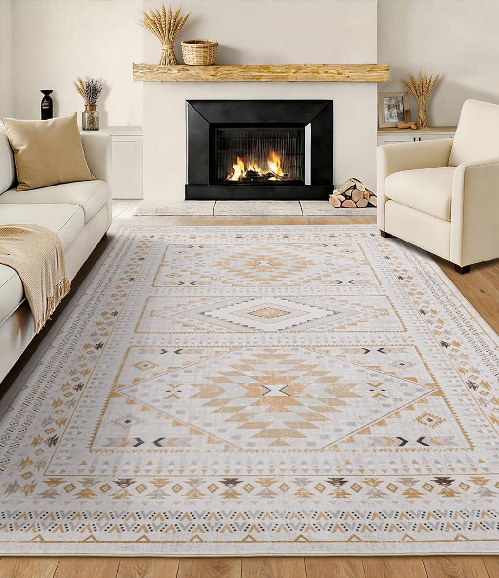 Boho Farmhouse Area Rug 5x7, Washable Tribal Rug for Bedroom, Non-Slip Medallion Rugs for Living Room Dining Room, Entryway (Beige/Yellow, 5'x7')