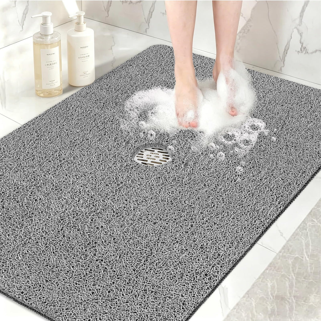 Shower Mat Non Slip, 32" x 24" Large Soft Loofah Shower Mats for Inside Shower with Drain Hole in Middle, Anti Slip Shower Floor Mat for Elderly, Quick Drying, Grey