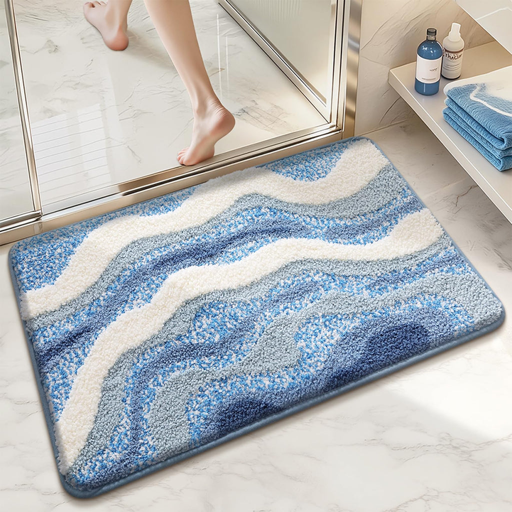 Beach Bathroom Rug Upgraded, 20"x32" Non-Slip Soft Plush Bath Mat, Water Absorbent Shaggy Shower Rug, Machine Washable, Abstract Wave Green Bathroom Decor for Home Decor, Kids Room, Shower (Stream)