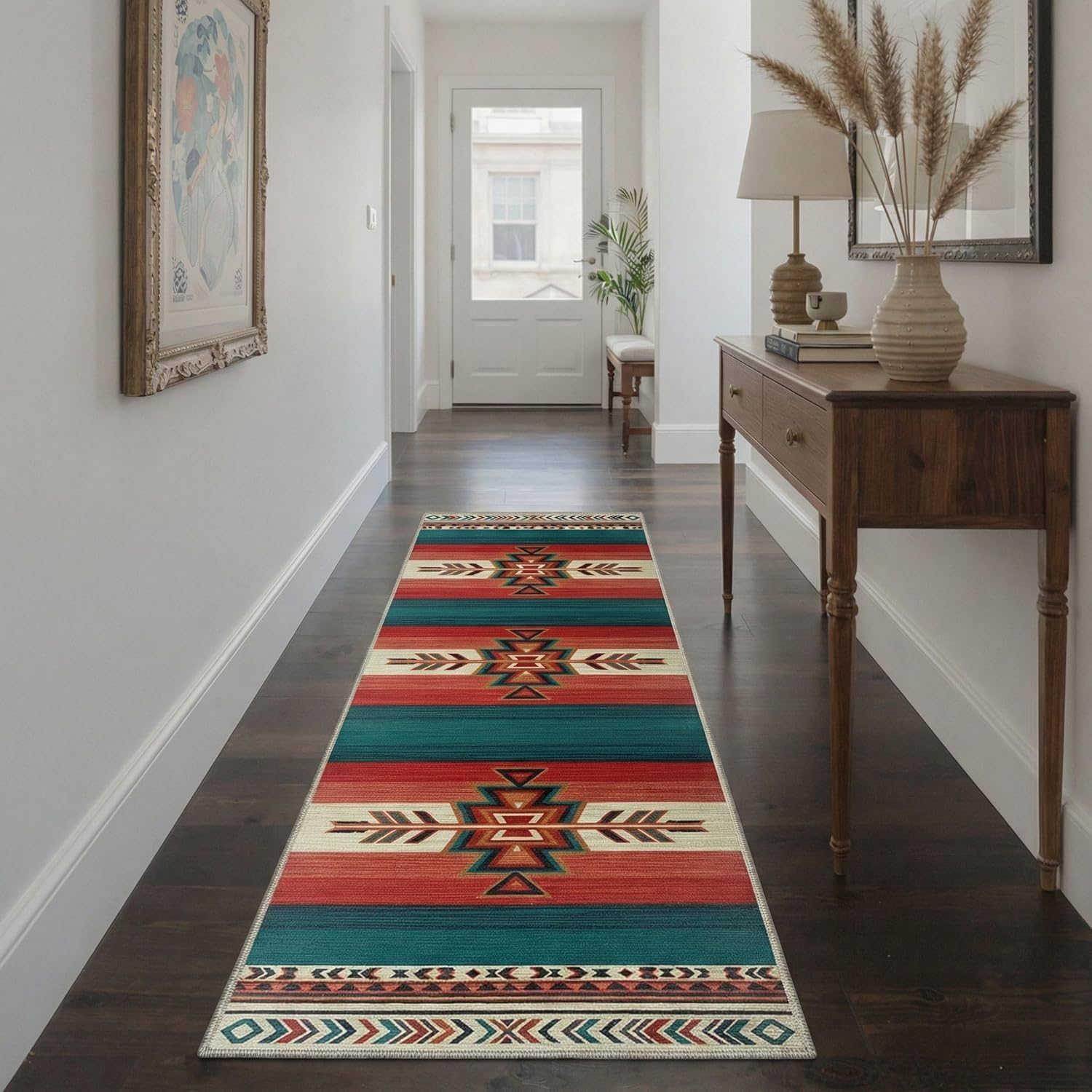 Bavni 2x3 Rug Arrow Bohemian Print Pattern Non Slip Backing Machine Washable Low Pile Light Weight Indoor Outdoor for Entryway Kitchen Entrance Front Door Bathroom Farmhouse Decor, Crimson Teal