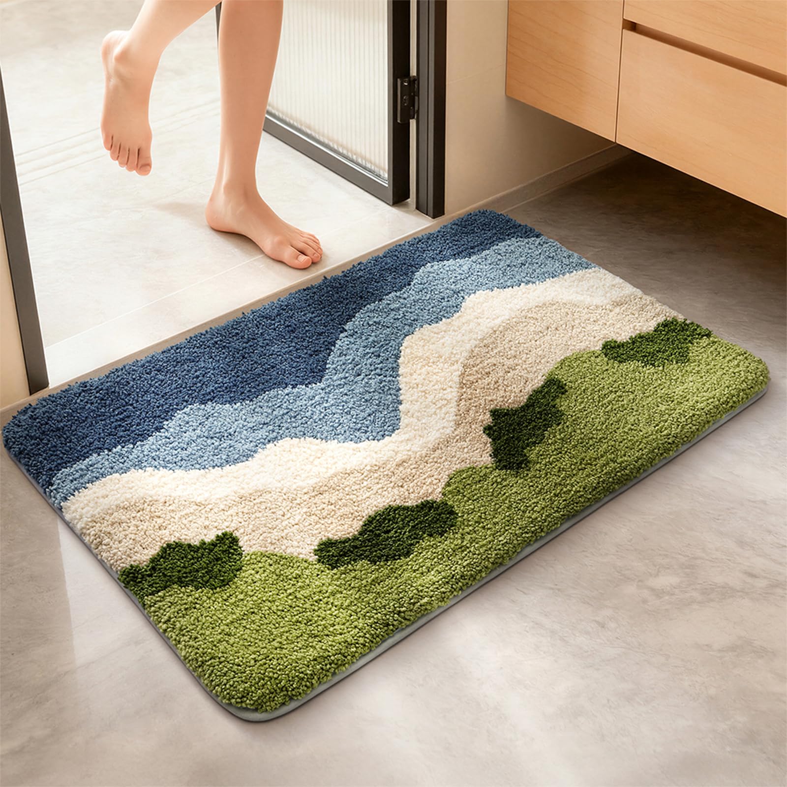 Beach Bathroom Rug Upgraded, 20"x32" Non-Slip Soft Plush Bath Mat, Water Absorbent Shaggy Shower Rug, Machine Washable, Abstract Wave Green Bathroom Decor for Home Decor, Kids Room, Shower (Stream)