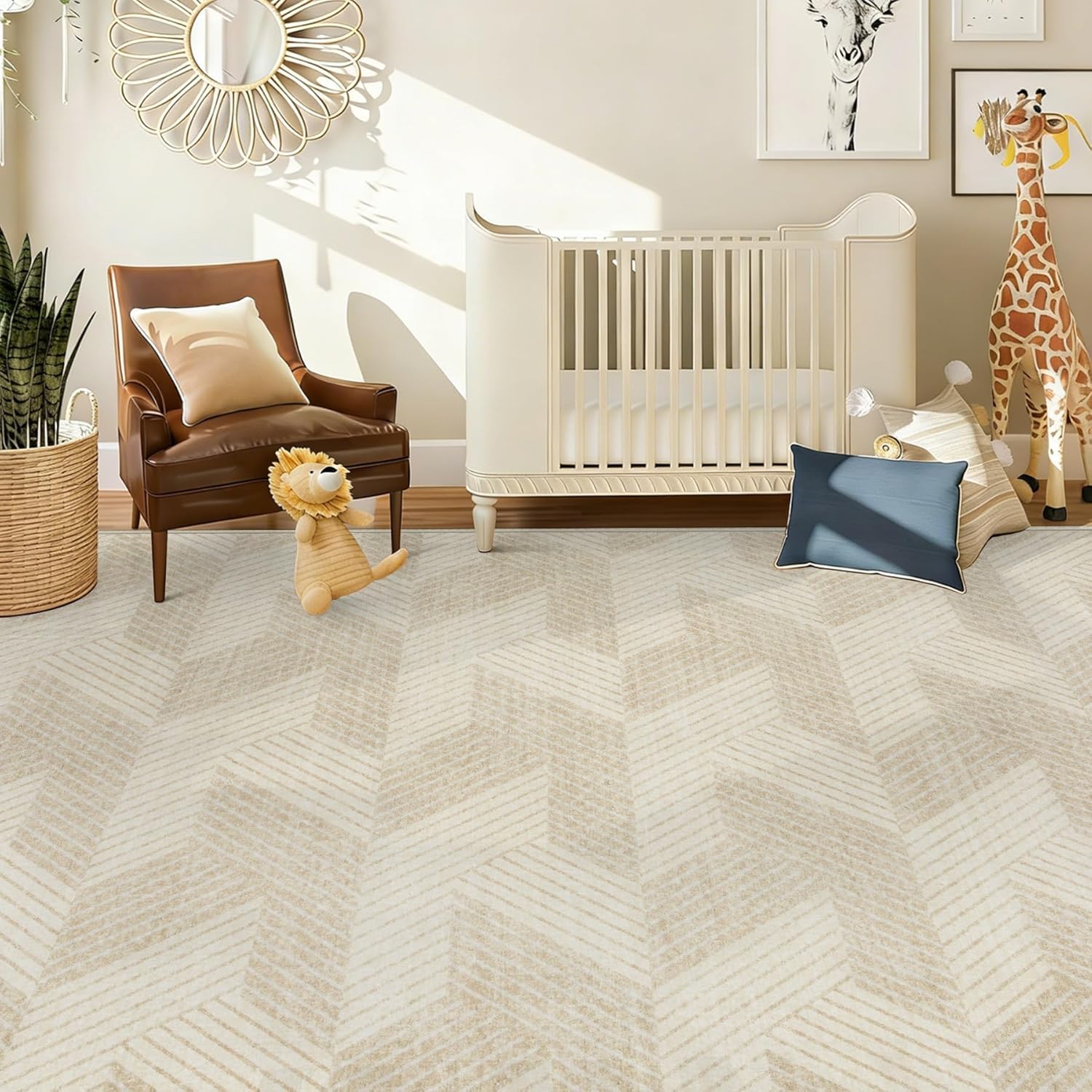 Area Rug 5x7 for Living Room: Washable Modern Geometric Rugs Low Pile Soft Non Slip Carpet for Bedroom Nursery Dining Room Home Office (Beige, 5'x7')