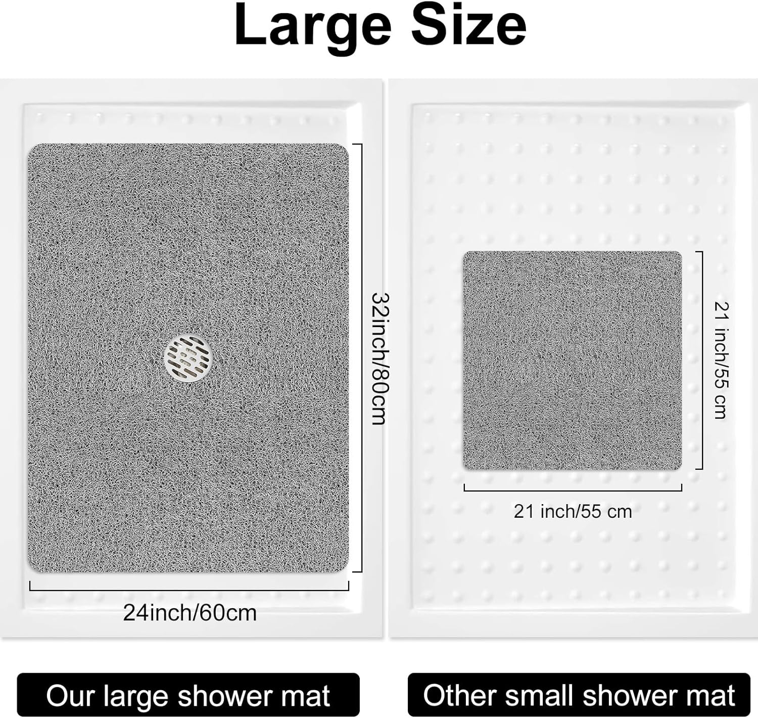 Shower Mat Non Slip, 32" x 24" Large Soft Loofah Shower Mats for Inside Shower with Drain Hole in Middle, Anti Slip Shower Floor Mat for Elderly, Quick Drying, Grey
