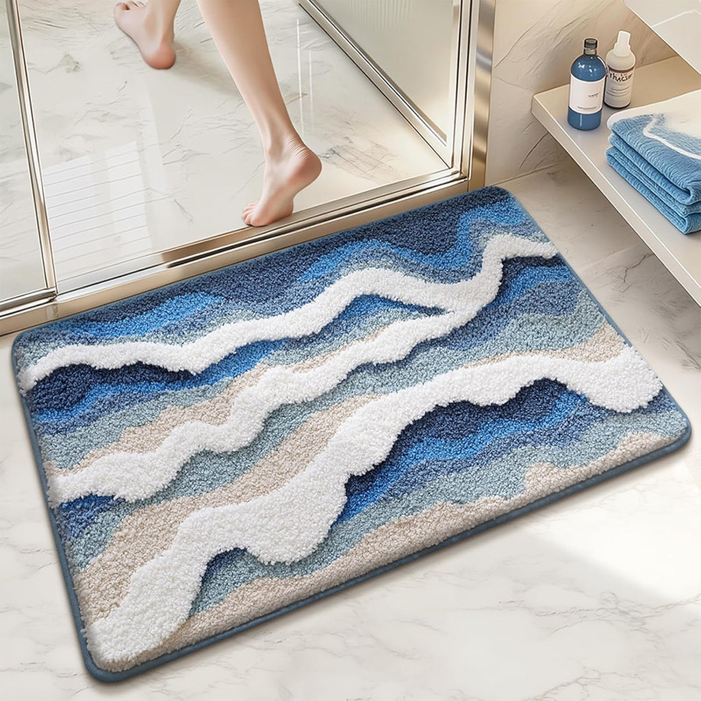 Beach Bathroom Rugs, 20"x32" Highly Absorbent Non-Slip Bath Mat, Ultra-Soft Machine-Washable Ocean Bath Mat for Bathroom Floor, Home Decor (BlueSwell)