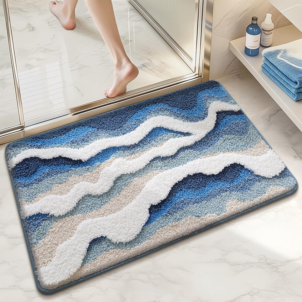 Beach Bathroom Rug Upgraded, 20"x32" Non-Slip Soft Plush Bath Mat, Water Absorbent Shaggy Shower Rug, Machine Washable, Abstract Wave Green Bathroom Decor for Home Decor, Kids Room, Shower (Stream)