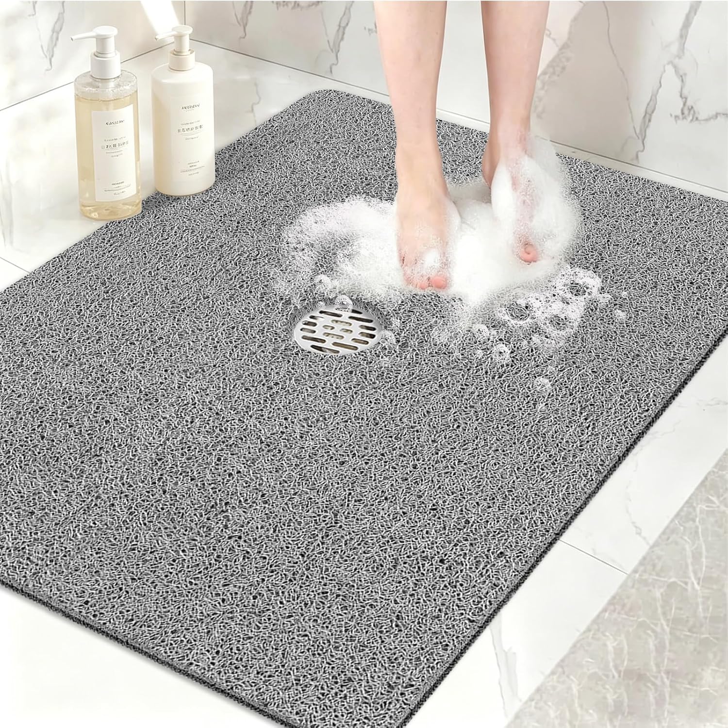 Shower Mat Non Slip, 32" x 24" Large Soft Loofah Shower Mats for Inside Shower with Drain Hole in Middle, Anti Slip Shower Floor Mat for Elderly, Quick Drying, Grey
