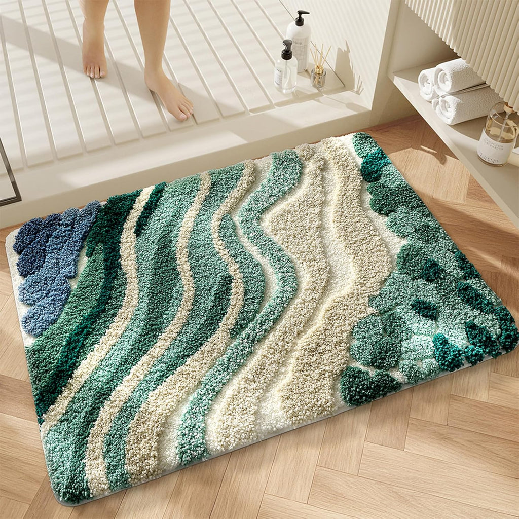 Beach Bathroom Rug Upgraded, 20"x32" Non-Slip Soft Plush Bath Mat, Water Absorbent Shaggy Shower Rug, Machine Washable, Abstract Wave Green Bathroom Decor for Home Decor, Kids Room, Shower (Stream)