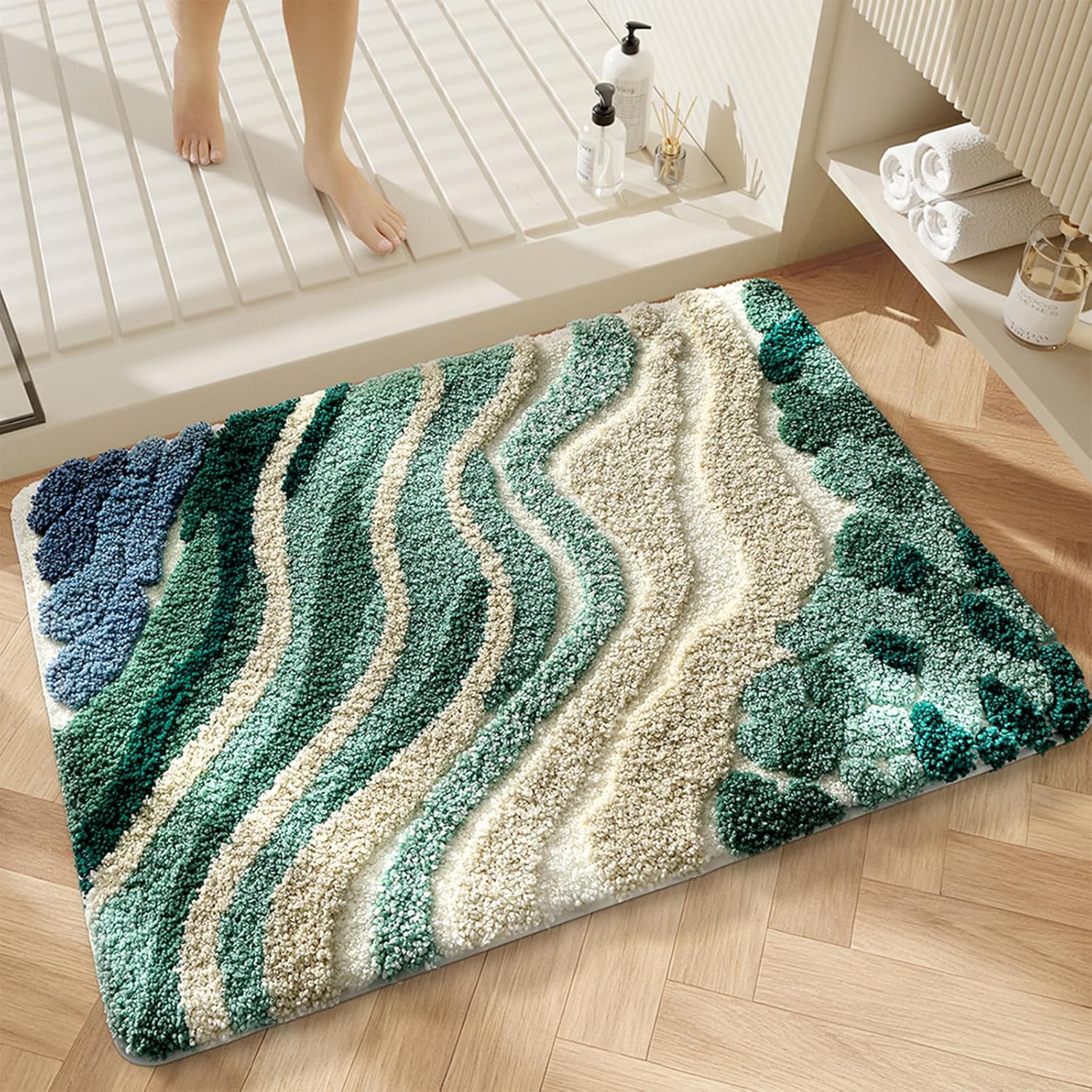 Beach Bathroom Rug Upgraded, 20"x32" Non-Slip Soft Plush Bath Mat, Water Absorbent Shaggy Shower Rug, Machine Washable, Abstract Wave Green Bathroom Decor for Home Decor, Kids Room, Shower (Stream)