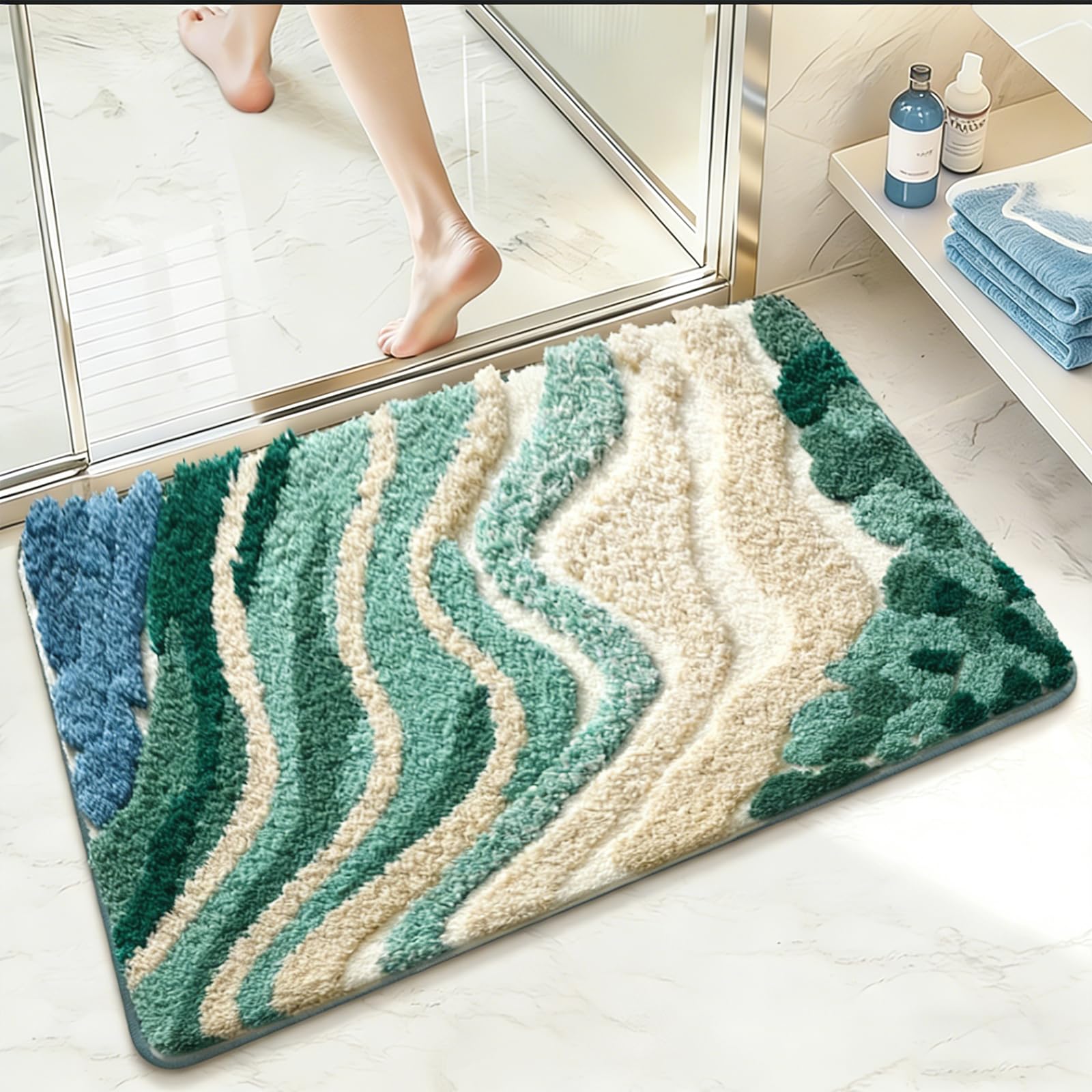 Beach Bathroom Rug Upgraded, 20"x32" Non-Slip Soft Plush Bath Mat, Water Absorbent Shaggy Shower Rug, Machine Washable, Abstract Wave Green Bathroom Decor for Home Decor, Kids Room, Shower (Stream)