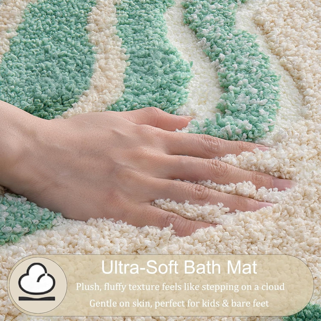 Beach Bathroom Rug Upgraded, 20"x32" Non-Slip Soft Plush Bath Mat, Water Absorbent Shaggy Shower Rug, Machine Washable, Abstract Wave Green Bathroom Decor for Home Decor, Kids Room, Shower (Stream)