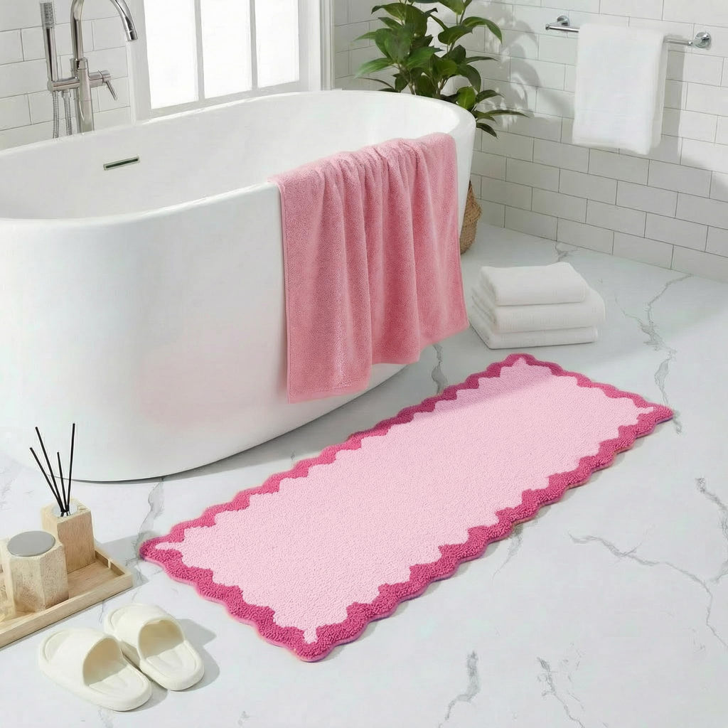 Cute Magenta‌ Pink Scalloped Bathroom Mat, Fun Plush Luxury Microfiber Bath Rug Aesthetic Washable Bath Mat Non-Slip for Bathroom, Tub, Floor Carpet, Sink, Shower, Extra Soft, Absorbent, 32x20