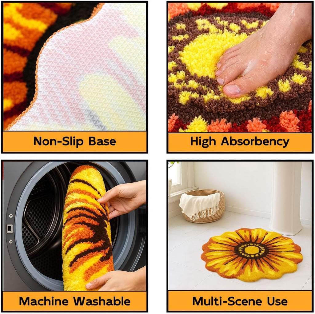 Yellow Flowers Bath Rug, Floral Mat for Bathroom, Non-Slip Floor Mats, Sunflower Washable Microfiber Flower Carpet for Living Room Home Fast Dry Area Rug