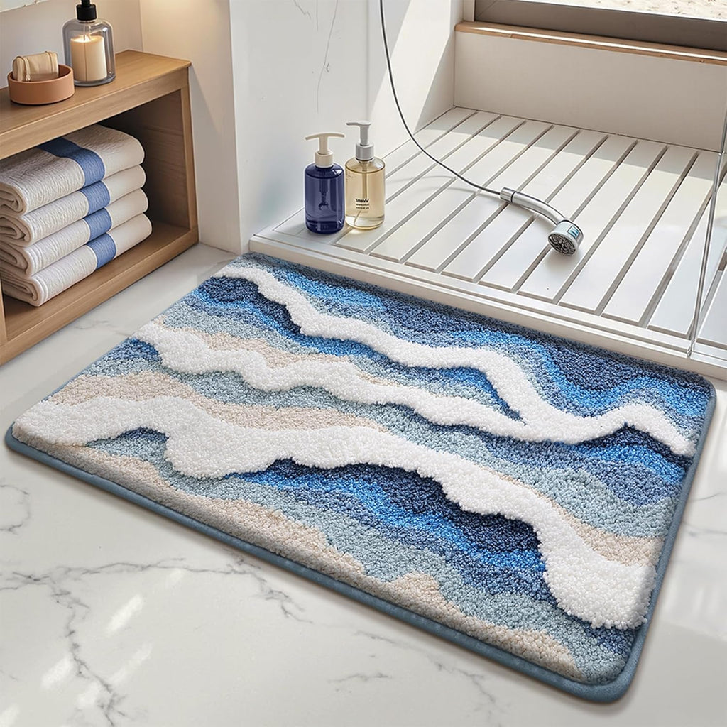 Beach Bathroom Rugs, 20"x32" Highly Absorbent Non-Slip Bath Mat, Ultra-Soft Machine-Washable Ocean Bath Mat for Bathroom Floor, Home Decor (BlueSwell)