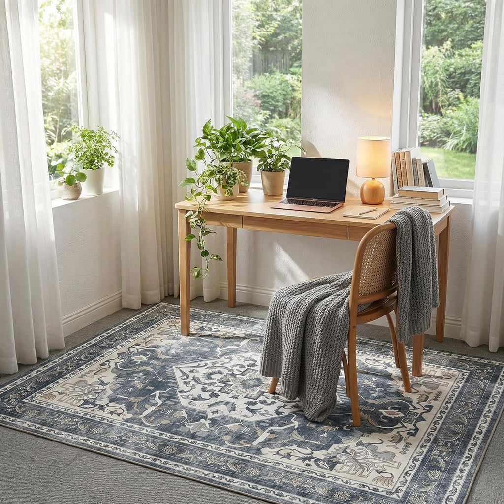 Washable Area Rug, Non Slip Kitchen Entryway Rug, Water-Resistant Vintage Medallion Carpet for Pet, 0.26" Low Pile, Blue Gray & Ivory, 3'x 5'