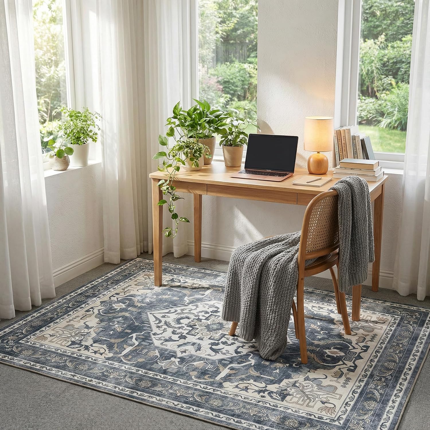 Washable Area Rug, Non Slip Kitchen Entryway Rug, Water-Resistant Vintage Medallion Carpet for Pet, 0.26" Low Pile, Blue Gray & Ivory, 3'x 5'