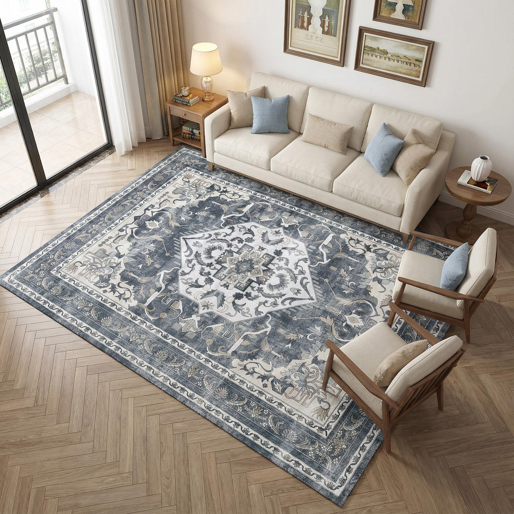 Washable Area Rug, Non Slip Kitchen Entryway Rug, Water-Resistant Vintage Medallion Carpet for Pet, 0.26" Low Pile, Blue Gray & Ivory, 3'x 5'