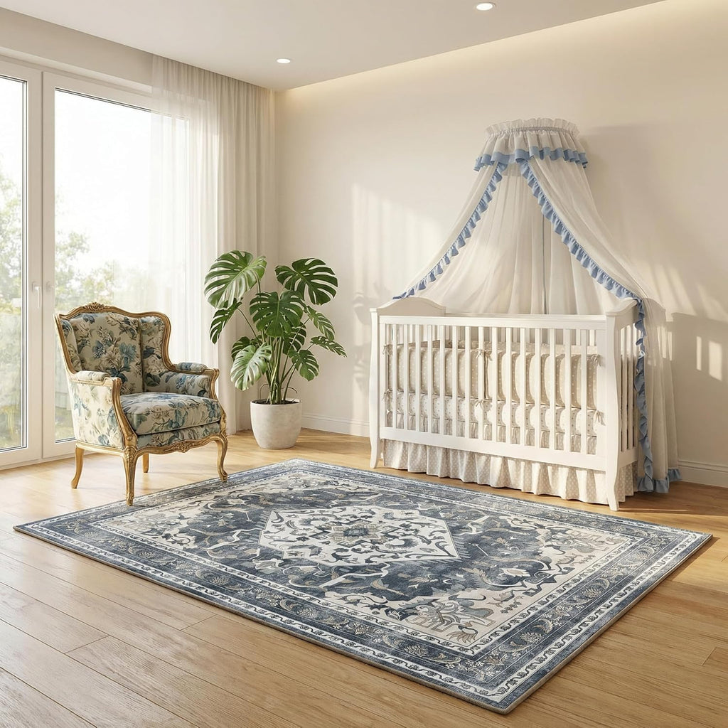Washable Area Rug, Non Slip Kitchen Entryway Rug, Water-Resistant Vintage Medallion Carpet for Pet, 0.26" Low Pile, Blue Gray & Ivory, 3'x 5'
