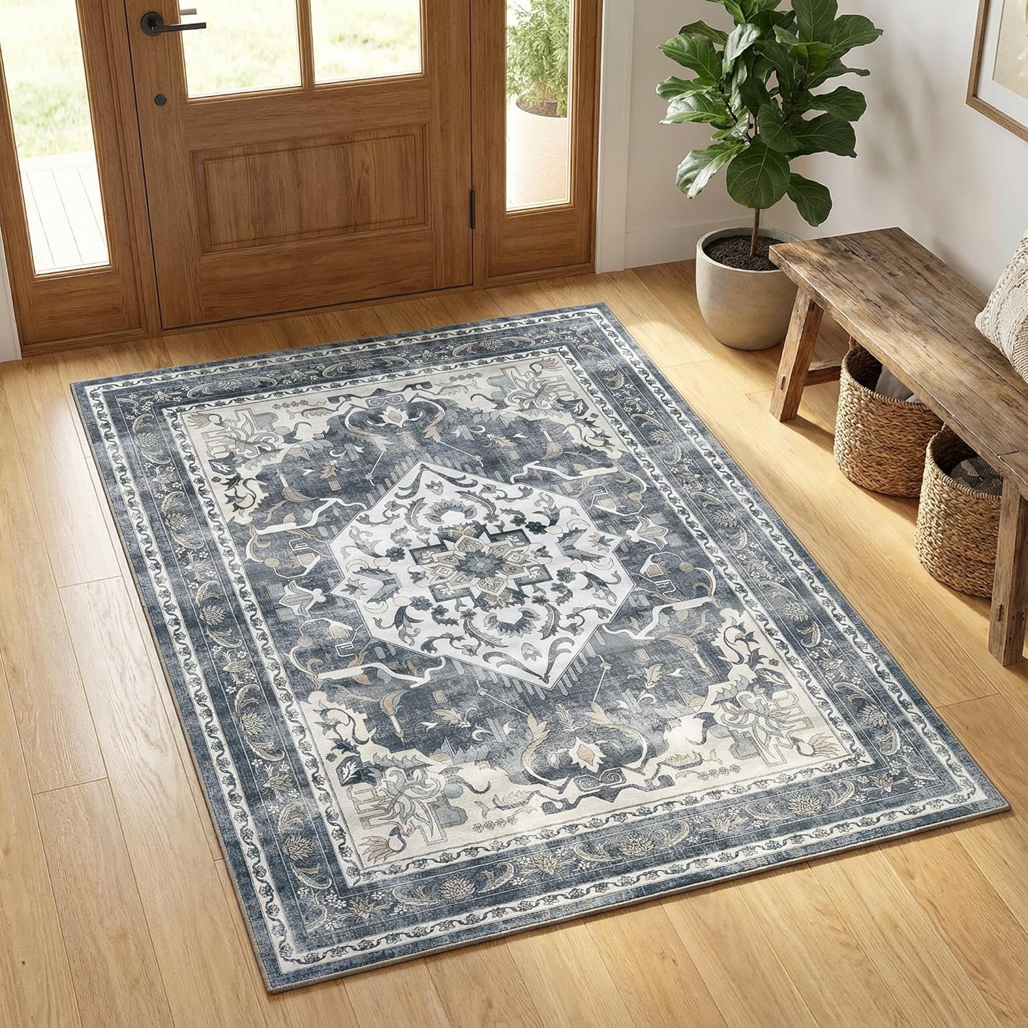 Washable Area Rug, Non Slip Kitchen Entryway Rug, Water-Resistant Vintage Medallion Carpet for Pet, 0.26" Low Pile, Blue Gray & Ivory, 3'x 5'