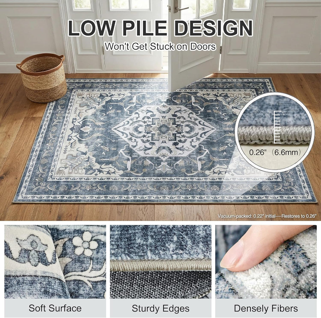 Washable Area Rug, Non Slip Kitchen Entryway Rug, Water-Resistant Vintage Medallion Carpet for Pet, 0.26" Low Pile, Blue Gray & Ivory, 3'x 5'