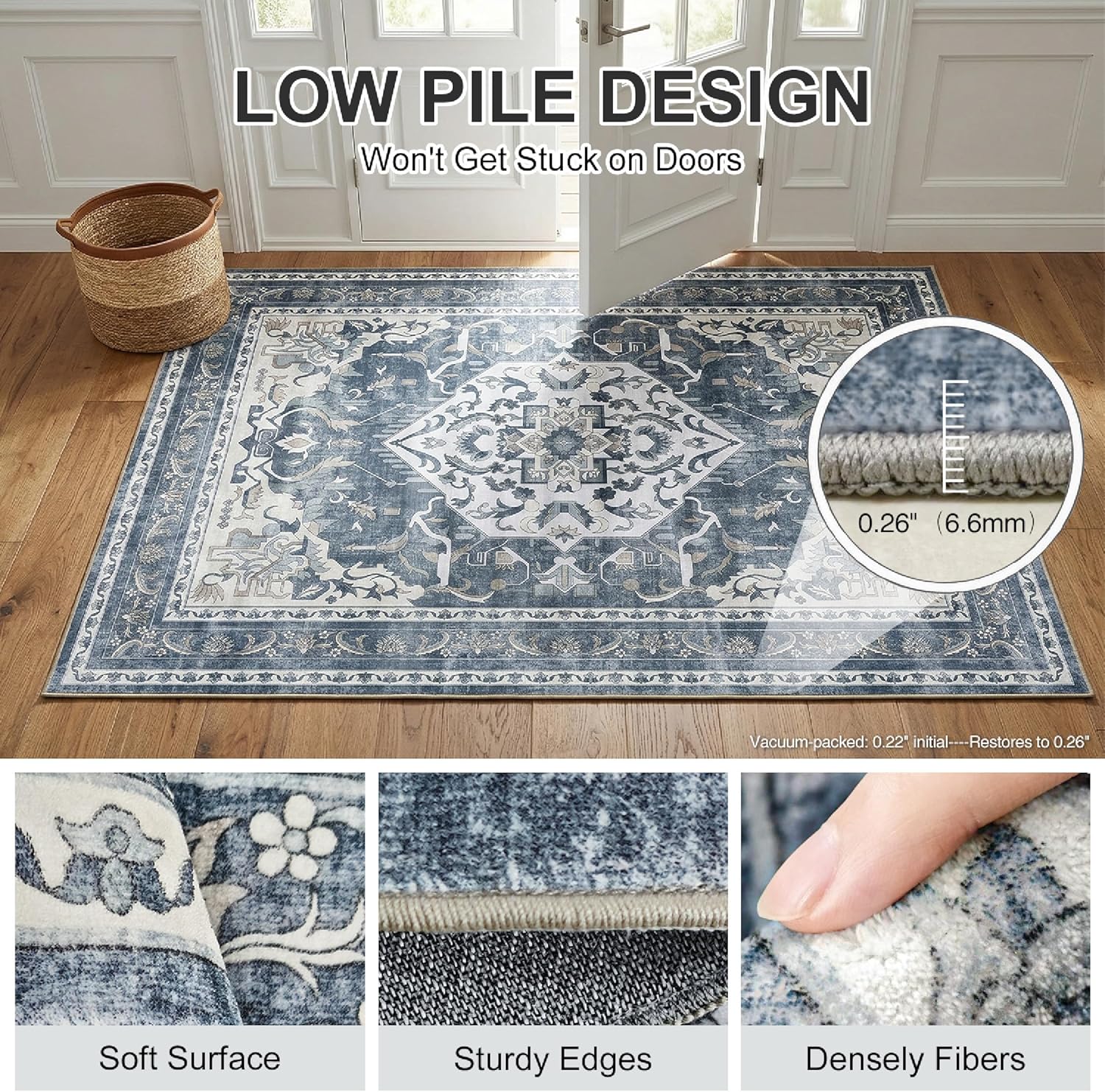 Washable Area Rug, Non Slip Kitchen Entryway Rug, Water-Resistant Vintage Medallion Carpet for Pet, 0.26" Low Pile, Blue Gray & Ivory, 3'x 5'
