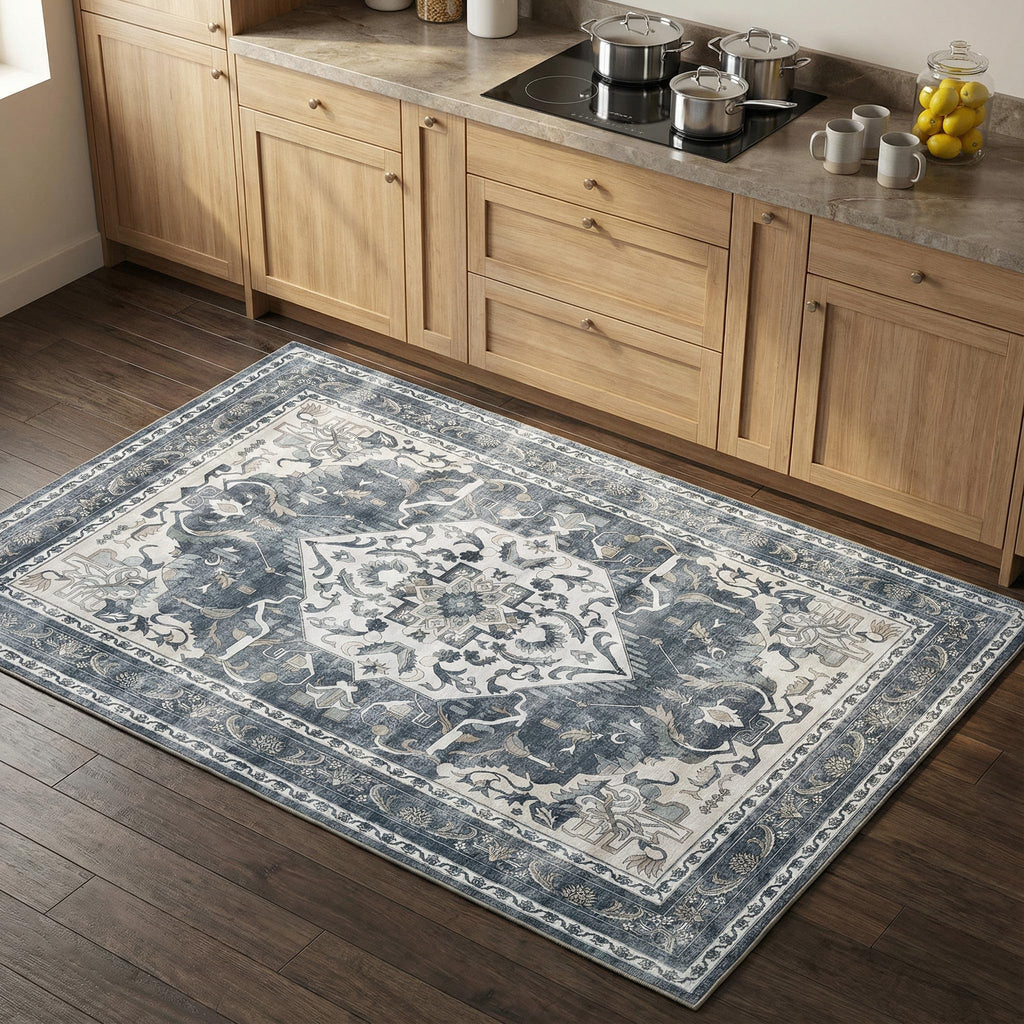Washable Area Rug, Non Slip Kitchen Entryway Rug, Water-Resistant Vintage Medallion Carpet for Pet, 0.26" Low Pile, Blue Gray & Ivory, 3'x 5'