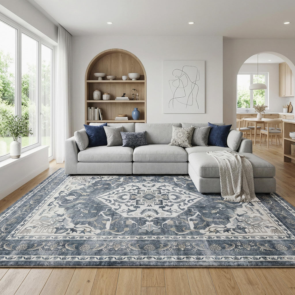 Washable Area Rug, Non Slip Kitchen Entryway Rug, Water-Resistant Vintage Medallion Carpet for Pet, 0.26" Low Pile, Blue Gray & Ivory, 3'x 5'